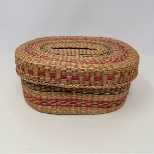 Vintage Woven Striped Oval Basket with Lid Pink Green